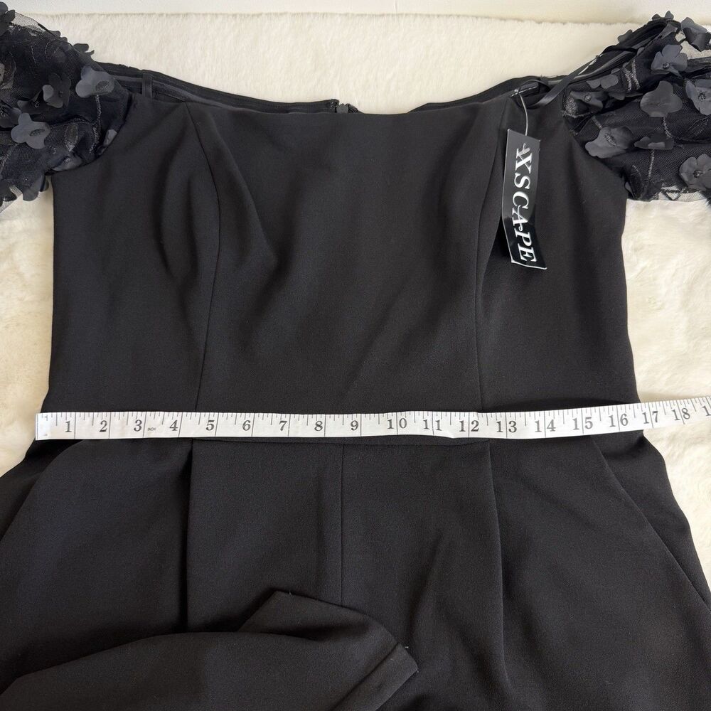 Xscape Jumpsuit Black Scuba Crepe Floral Puff Sleeves Wide Leg NWT Women’s 12 - Picture 12 of 14